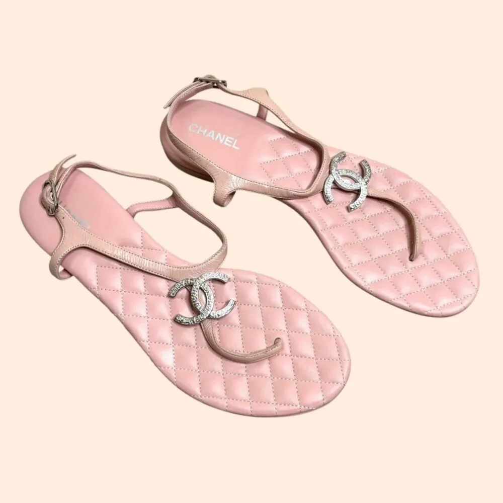 Chanel Quilted T Strap CC Sandals Pink